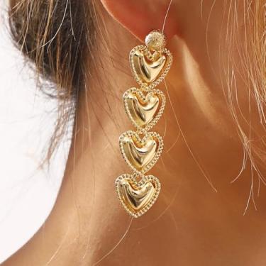 Imagem de Brincos de coração dourado com pingente de coração duplo para mulheres, joias modernas, presentes de Natal, presentes de amizade para mulheres, dia dos namorados, Medium, Latão, Sem pedra preciosa