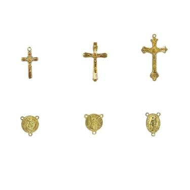 Imagem de Kit 6 Pingentes Dourados Crucifixo e Entremeio para Montagem de Terço Tamanhos e Modelos Variados