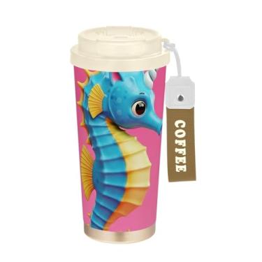 Imagem de TSENQUE Caneca de café de viagem de 473 ml com tampa de canudo e filp, copo de parede dupla isolado a vácuo com revestimento cerâmico, lindo cavalo marinho unicórnio azul rosa