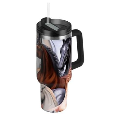 Imagem de Copos coloridos de cavalos finos com tampas e canudos, garrafas de água isoladas de aço inoxidável, copo de 850 g com alça rosa, caneca de café quente fofa para carro