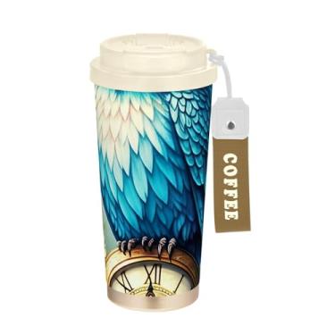 Imagem de Arte de coruja azul, caneca de viagem de café 40 ml com canudo e tampa, canecas de café de parede dupla isoladas a vácuo com revestimento cerâmico para escritório, escola, festa, acampamento