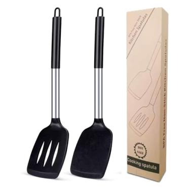 Imagem de Conjunto de 2 espátulas de aço e silicone premium, utensílios de cozinha pretos com alças ergonômicas, utensílios de cozinha profissionais