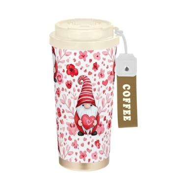 Imagem de TSENQUE Caneca de café de viagem de 473 ml com tampa de canudo e filp, copo de café de viagem de aço inoxidável isolado a vácuo à prova de vazamento, gnomo fofo vermelho rosa