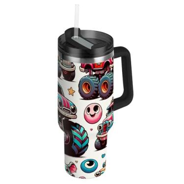 Imagem de Copo de 1,134 g com alça Copos de aço inoxidável com tampa e canudos Garrafas de água fofas à prova de vazamento para carro isolado copo de café bonito desenho animado Monster Trucks
