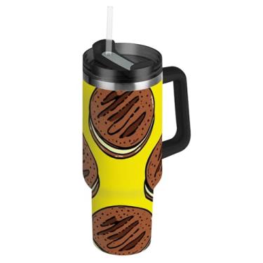 Imagem de Copos de aço inoxidável com tampa e canudo biscoitos de chocolate amarelo caneca de café quente para carro copo térmico de 850 g com alça garrafa de água isolada