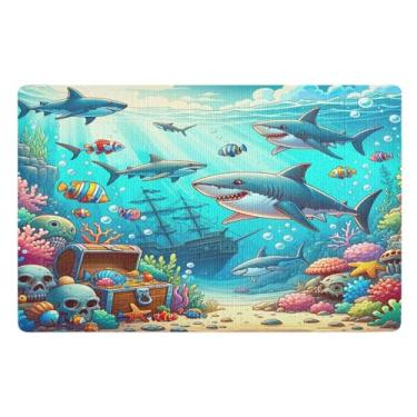 Imagem de Joisal Tapetes de boas-vindas submarinos de tubarões de desenho animado, tapete de sapato antiderrapante para porta da frente 81 x 50 cm