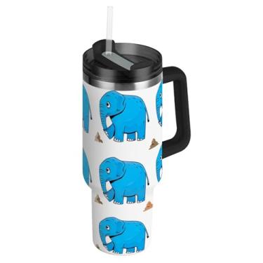 Imagem de Copos de aço inoxidável com tampa e canudos Xícaras de café quente de elefante azul para carro copo fofo rosa com alça Garrafa de água isolada de 1,134 g