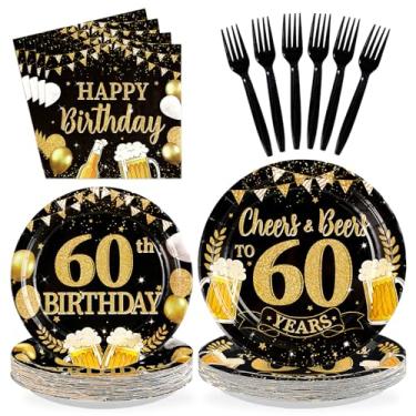 Imagem de 96 peças de artigos de festa de aniversário de 60 anos, pratos e guardanapos de ouro preto, conjuntos de utensílios de mesa, comemorações e cervejas para 60 anos, lembrancinhas de decorações para