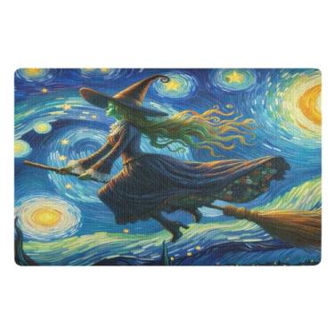 Imagem de Joisal Starry Night Witch Vassoura pequeno tapete de porta resistente à sujeira tapetes de boas-vindas ao ar livre para porta da frente 81 cm x 50 cm tapetes de cachorro para patas enlameadas