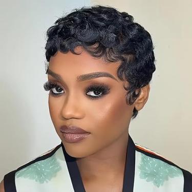 Imagem de Peruca curta com corte Pixie de cabelo humano, onda profunda, cabelo humano para mulheres, feito à máquina, onda do oceano, peruca de cabelo humano