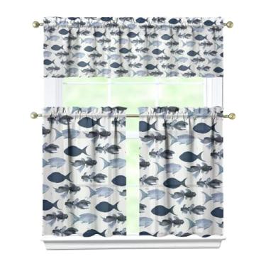Imagem de Tapesb Conjunto de 3 peças de cortina de cozinha de peixe engraçado cortinas de janela pequenas sobre a pia essenciais para decoração de cozinha, quarto, lavanderia, 69,8 x 91,4 cm