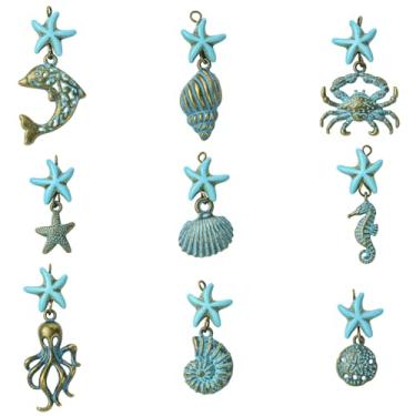 Imagem de KitBeads 18 peças, berloques marinhos do oceano, 9 estilos, sintéticos, turquesa, vida marinha, bronze, animais de praia, pingentes para pulseiras, colares, joias, faça você mesmo, decoração de