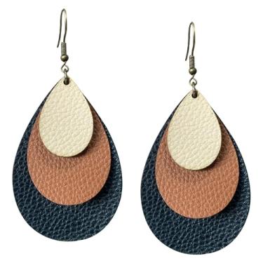 Imagem de TIANBANGSHI Brincos femininos boho de couro sintético com três camadas, gota, gota d'água, vintage, boêmio, hippie, joia para presente, Small, Couro, Sem pedra preciosa