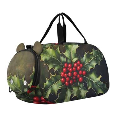 Imagem de Bolsa esportiva de Natal para meninas Highland Cow, bolsa de viagem para fim de semana, compartimento para sapatos noturnos, bolsa esportiva para meninos, Christmas Holly 1, Clássico