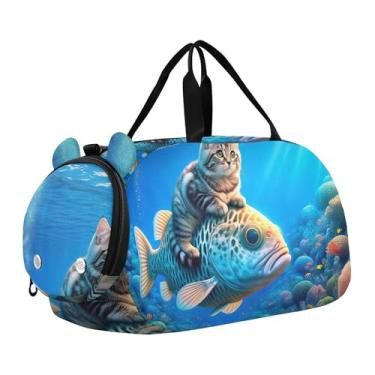 Imagem de Bolsa esportiva para meninos e crianças pequenas, estilo chinês, árvores, flores, pássaros, bolsa de viagem com compartimento para sapatos, peixe-gato fofo azul, Clássico
