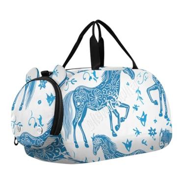 Imagem de Bolsa esportiva para meninos durante a noite para o fim de semana, bolsas de viagem para meninas, academia, crianças, bagagem, lhamas divertidas, adornadas, coloridas, Cavalos, floral, azul, branco