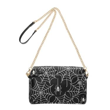 Imagem de Joitme Bolsa feminina tiracolo branca teias de aranha preta bolsa para celular bolsa de ombro com alça de corrente de couro PU
