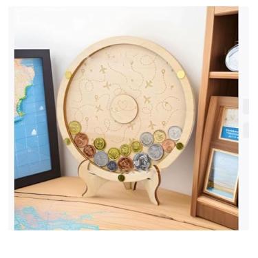 Imagem de TEMIREN Expositor De Moedas, Cofrinho Para Viagem, Pote Madeira Economias, Coleção Moedas Colecionador (Redondo)