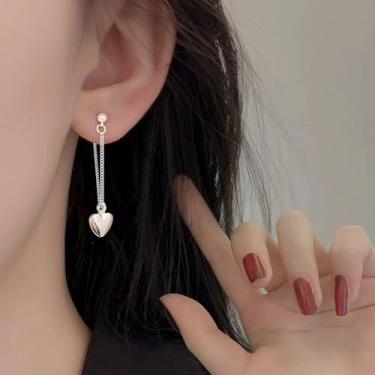 Imagem de Brincos pendentes de corrente de coração para mulheres banhados a prata esterlina 925 minúscula corrente de borla de coração de amor brinco de gota moda delicada festa de aniversário casamento dia dos