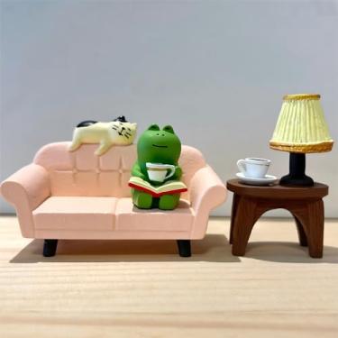 Imagem de Gwindrise Sofá rosa em miniatura com estatuetas de gato e sapo, luminária de mesa que brilha no escuro, decoração de mesa de resina, lindo conjunto de sala de leitura, presentes engraçados para