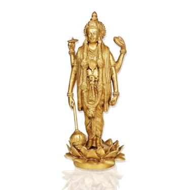 Imagem de Gangesindia Estátua de latão Lord Vishnu 30,5 cm, estátua da divindade hindu banhada a ouro Narayann, em pé na base de lótus, decoração religiosa tradicional para templo, casa mandir, Puja