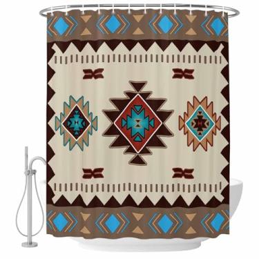 Imagem de Cortina de chuveiro marrom turquesa com textura do sudoeste, estampa geométrica tribal, tecido impermeável, conjunto de cortinas de chuveiro para banheiro, decoração de casa, lavável na máquina