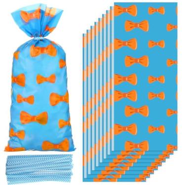 Imagem de Marspark 100 peças de sacos de lembrancinha de festa laranja azul com laços 27 x 12 cm tema de professor de desenho animado celofane doces lanches sacos para chá de bebê, decorações de festa de