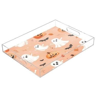 Imagem de xigua Bandeja de servir de acrílico fantasma de Halloween com alças à prova de derramamento, bandejas decorativas de festa de Halloween, bandeja organizadora de bancada para banheiro, cozinha, 30,5 x