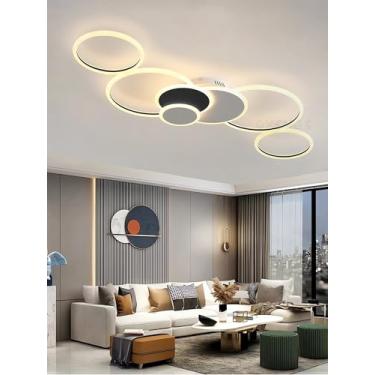 Imagem de Luminária de teto LED moderna em formato de anel, 125W, dimerizável, em acrílico, com controle remoto e função de memória, ideal para sala de estar, quarto, cozinha e escritório (branco + pr