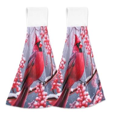 Imagem de Blueangle 2 peças de toalhas de gravata suspensas de Natal inverno cardinal toalha de mão toalha de mão absorvente de veludo coral macio pano para cozinha banheiro (327)