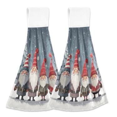 Imagem de Blueangle 2 peças de toalhas de gravata penduradas de gnomo de Natal toalha de mão de cozinha absorvente de veludo coral macio pano de pano para cozinha e banheiro (314)