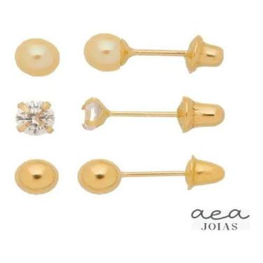 Imagem de 3 Brincos Ouro 18k 4mm Infantil Bebê Segundo Furo Kit Trio - Aea Joias