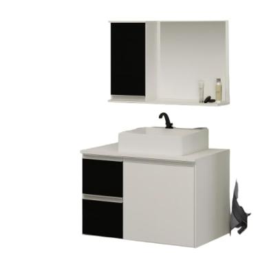 Imagem de Kit Gabinete MDF com Cuba e Espelheira 0,60m Para Banheiro (Branco/preto)