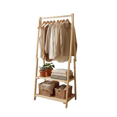 Imagem de Arara Dobrável de Madeira, 163 cm Altura, 2 Prateleiras, Suporte para Sapatos e Roupas, Bege