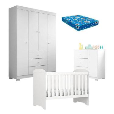 Imagem de Quarto de Bebê Duda 4 Portas e Berço Americano Mini Cama Mel Branco Brilho com Colchão Ortobom - Phoenix Baby