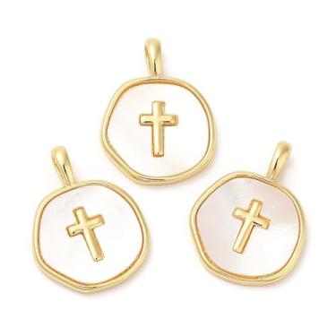 Imagem de Ornazy 5 peças de pingentes de concha de latão com cruz dourada e redondos com pingente de crucifixo para fazer joias, artesanato DIY