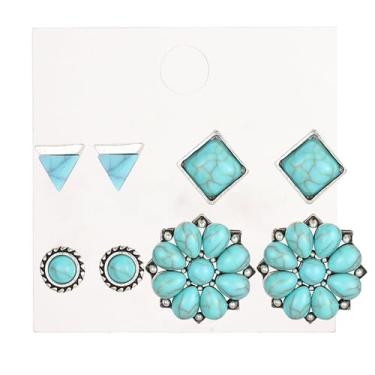 Imagem de T-ztoss Conjunto de brincos femininos boêmios, turquesa, feitos à mão, boêmio, oval, redondo, formato de flor, quadrado, turquesa, joia étnica, Small, Metal, Sem pedra preciosa