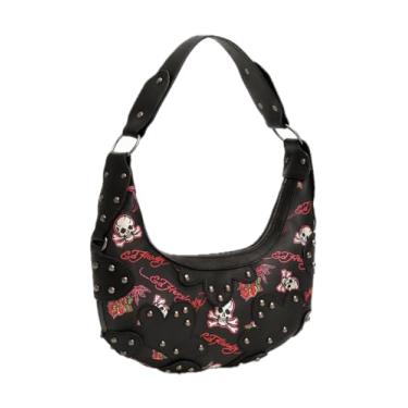 Imagem de ED HARDY Bolsa de ombro feminina com estampa de tatuagem, estilo rock, fecho de zíper, Caveira preta e estampa rosa, Bolsa