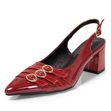 Imagem de qibusleen Salto feminino sexy com tiras vermelhas com salto alto alto grosso de 6 cm bico fino fechado nas costas, confortável, elegante, sem costas nuas, Vermelho, 40