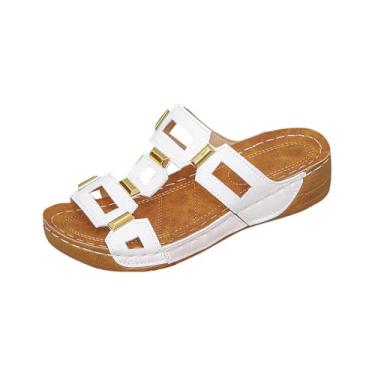 Imagem de Pantufas femininas modernas, casuais, estilo verão, cor sólida, boca de peixe, sola grossa, Branco, 35