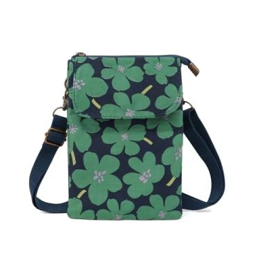 Imagem de WisePoint Bolsa feminina transversal de algodão, estampa floral, bolsa de telefone com 5 bolsos, alça ajustável para viagens, Verde, Small