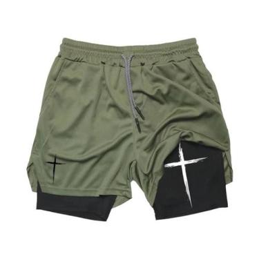 Imagem de Shorts De Corrida Masculinos 2 Em 1 Com Estampa Cruzada, Bolso Para Ce