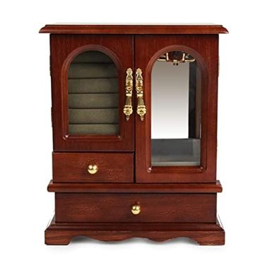 Imagem de Caixa de joias, grande organizador de joias com 2 gavetas, estojo de armazenamento de joias de madeira natural para brincos, anéis, organizador de joias (B)