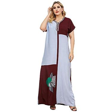 Imagem de 3FLQOOPP Roupas Femininas Plus Size Listrado Azul Céu Patchwork Vestidos Longo Robe Manga Curta Americano (Azul Grande)