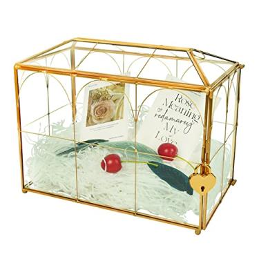 Imagem de Caixa de cartão de vidro dourada de casamento com trava e ranhura - Porta-cartões de casamento para recepção, terrário de vidro decorativo dourado feito à mão, caixa de cartão de presente de centro de