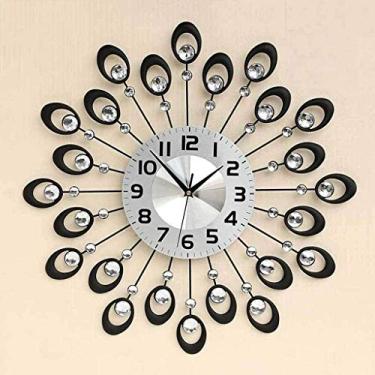 Imagem de U5GAAALPPQ9 Relógio de diamante preto, relógio redondo criativo silencioso de ferro forjado, grande relógio de parede de cristal de ferro