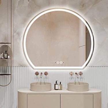 Imagem de Espelho de parede para banheiro, espelho retroiluminado meia lua com interruptor regulável/tátil de 3 cores, espelho decorativo antiembaçamento, espelho de vaidade com luzes LED, para banheiros de