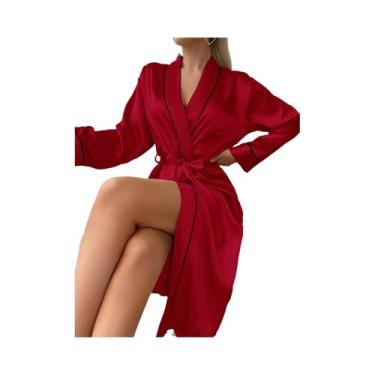 Imagem de Roupão De Noite Elegante Feminino De Seda Com Manga Longa E Cinto, Pij