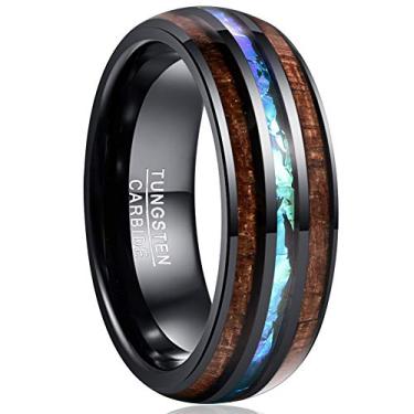 Imagem de Vakki Anéis de tungstênio de 6 mm/8 mm para homens havaiano Koa Wood Inlay Dome Abalone Shell/Blue Center Aliança de casamento ajuste confortável tamanho 4 a 17, Carboneto de tungstênio Carboneto de
