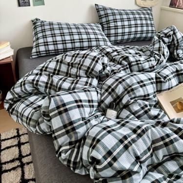 Imagem de Conjunto de capa de edredom xadrez vintage cinza branco búfalo solteiro moderno macio 3 peças de algodão lavado, casa de fazenda, capa de edredom quadriculada, guingão, macio, respirável, capa de